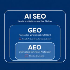 AEO, GEO, AI SEO skaidrojums un vizualizācija