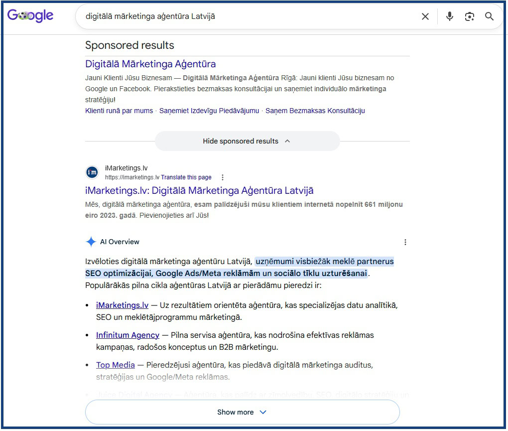Google meklējums: digitālā mārketinga aģentūra Latvijā - sponsorētie rezultāti un AI overviews
